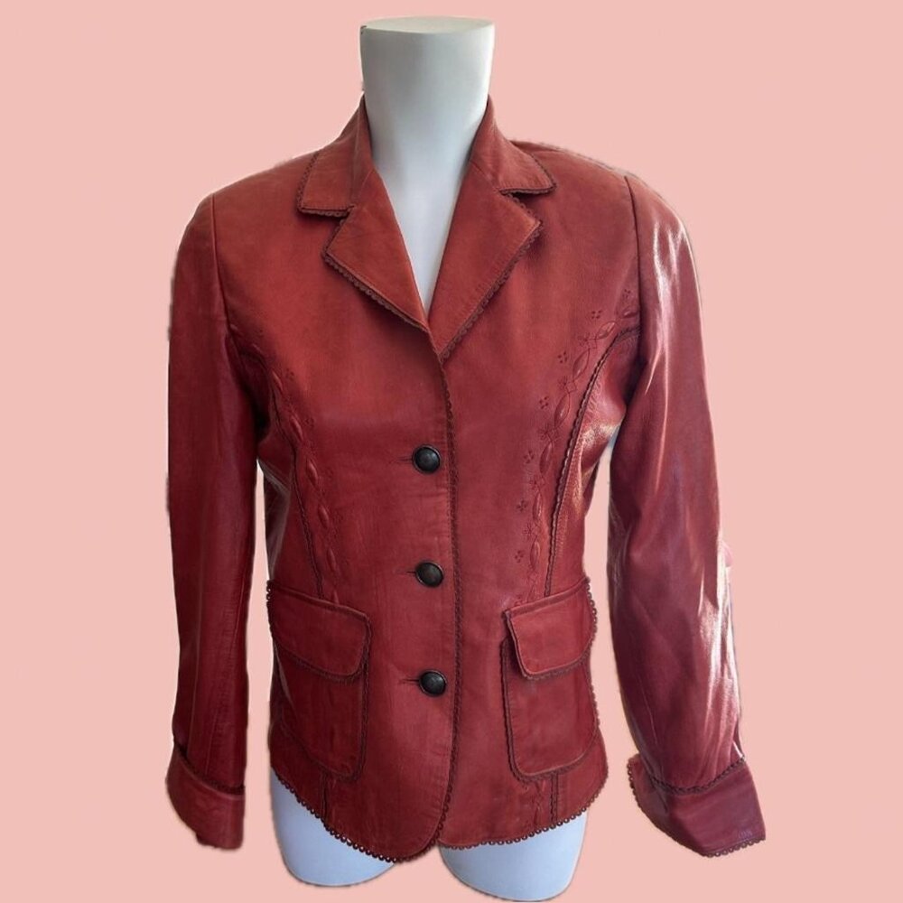 Genuine leather blazer by Dominique in a bold red hue